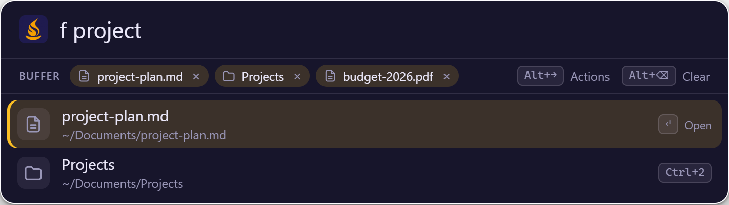 Search bar with a file buffer strip above the results: three collected items shown as chips, with Alt+Right for actions and Alt+Backspace to clear.