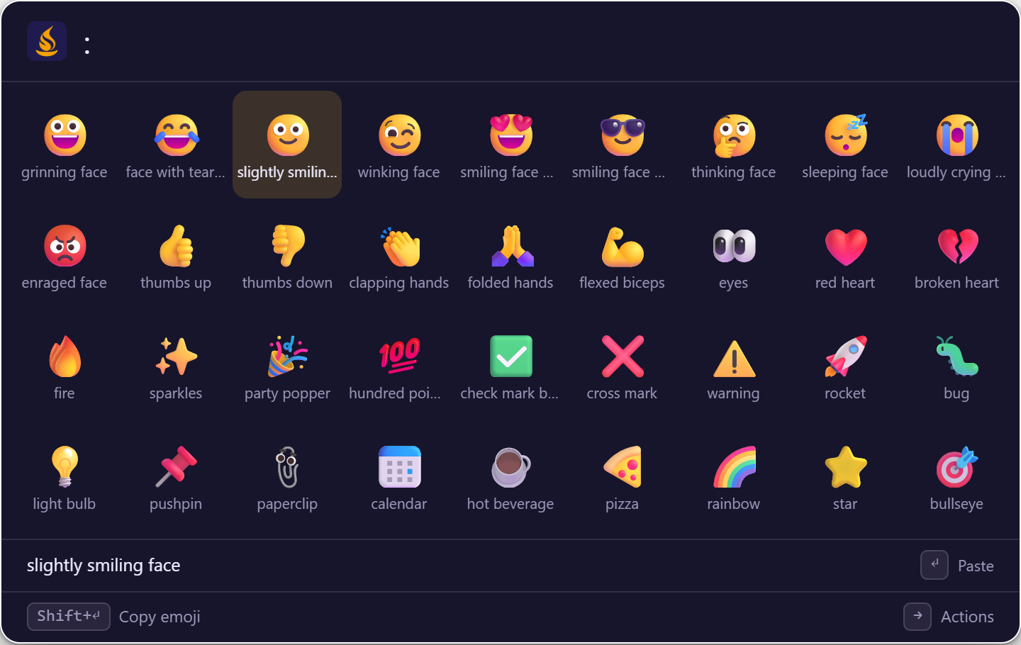 The emoji picker: typing a colon lists emoji as a grid of tiles, with the selected tile named below and Enter to paste.