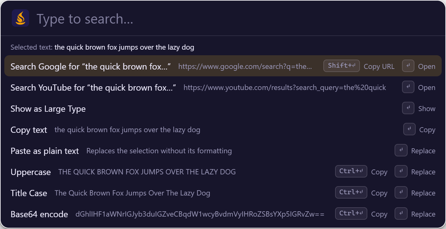Universal Actions for a selected sentence: search the web, show as Large Type, copy, paste as plain text, and change its case or encoding.