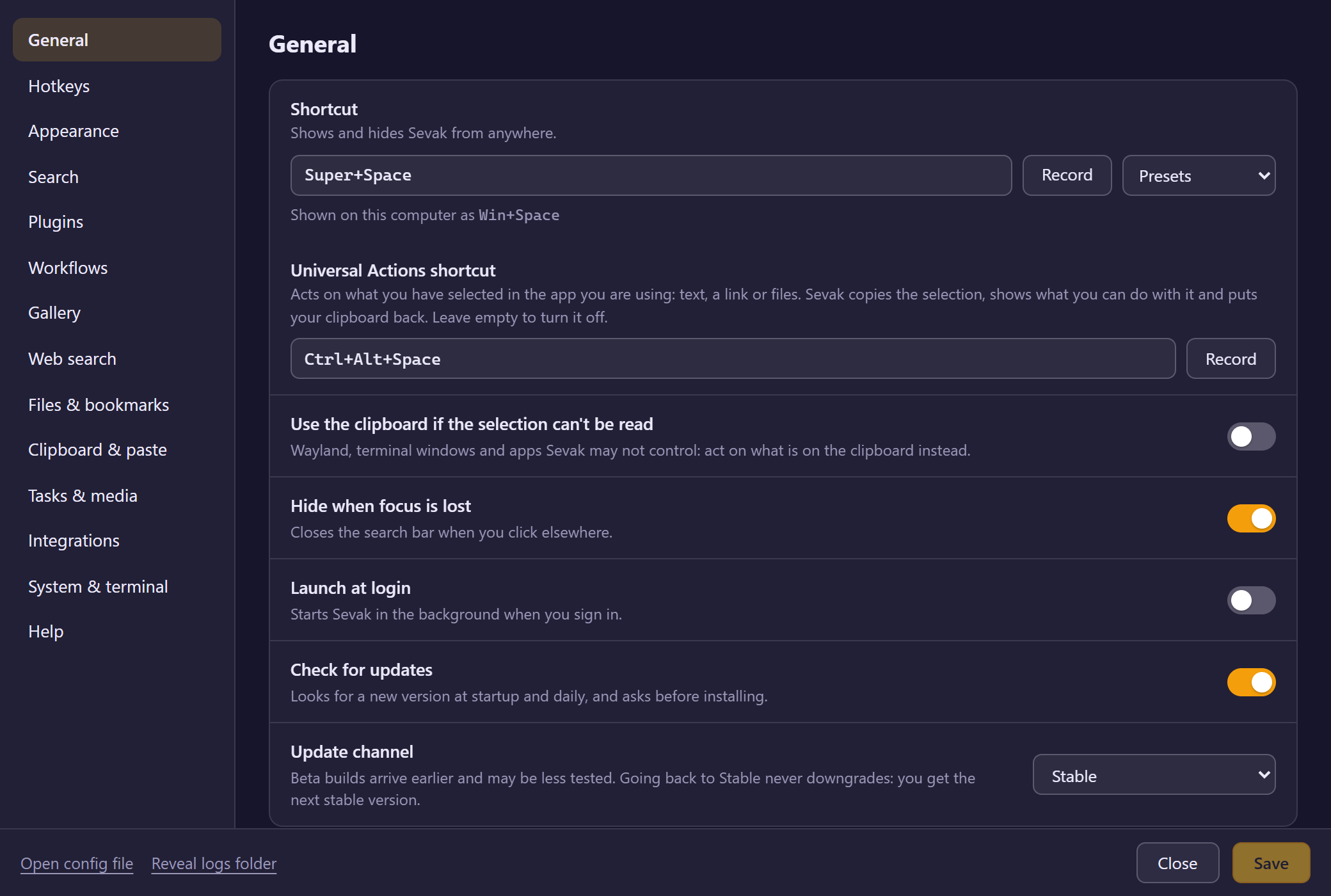 Sevak's Settings window: shortcut, hide when focus is lost, launch at login and check for updates.