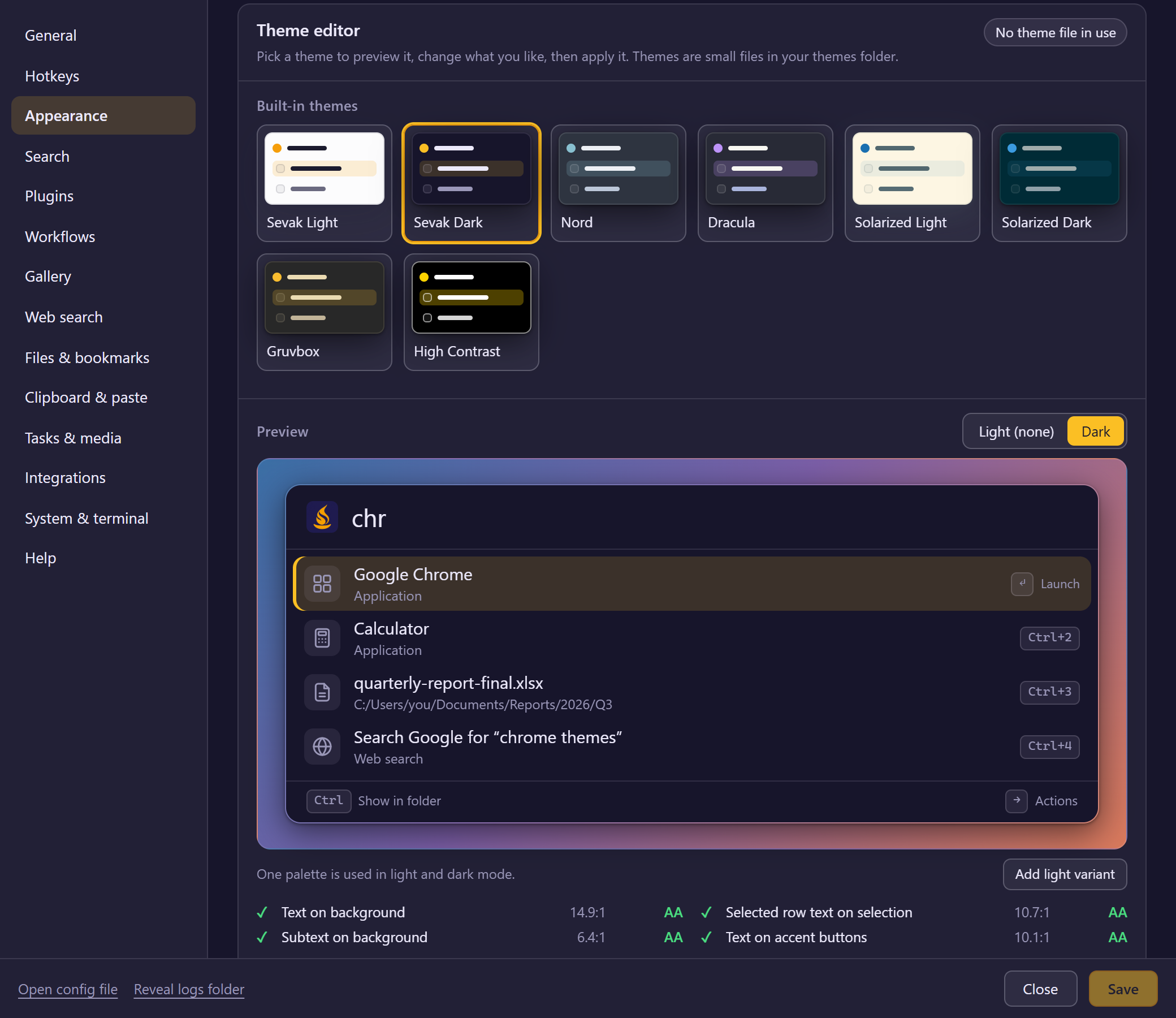 Settings, Appearance, Theme editor: eight built-in themes to pick from and a live preview of the search bar with contrast checks.