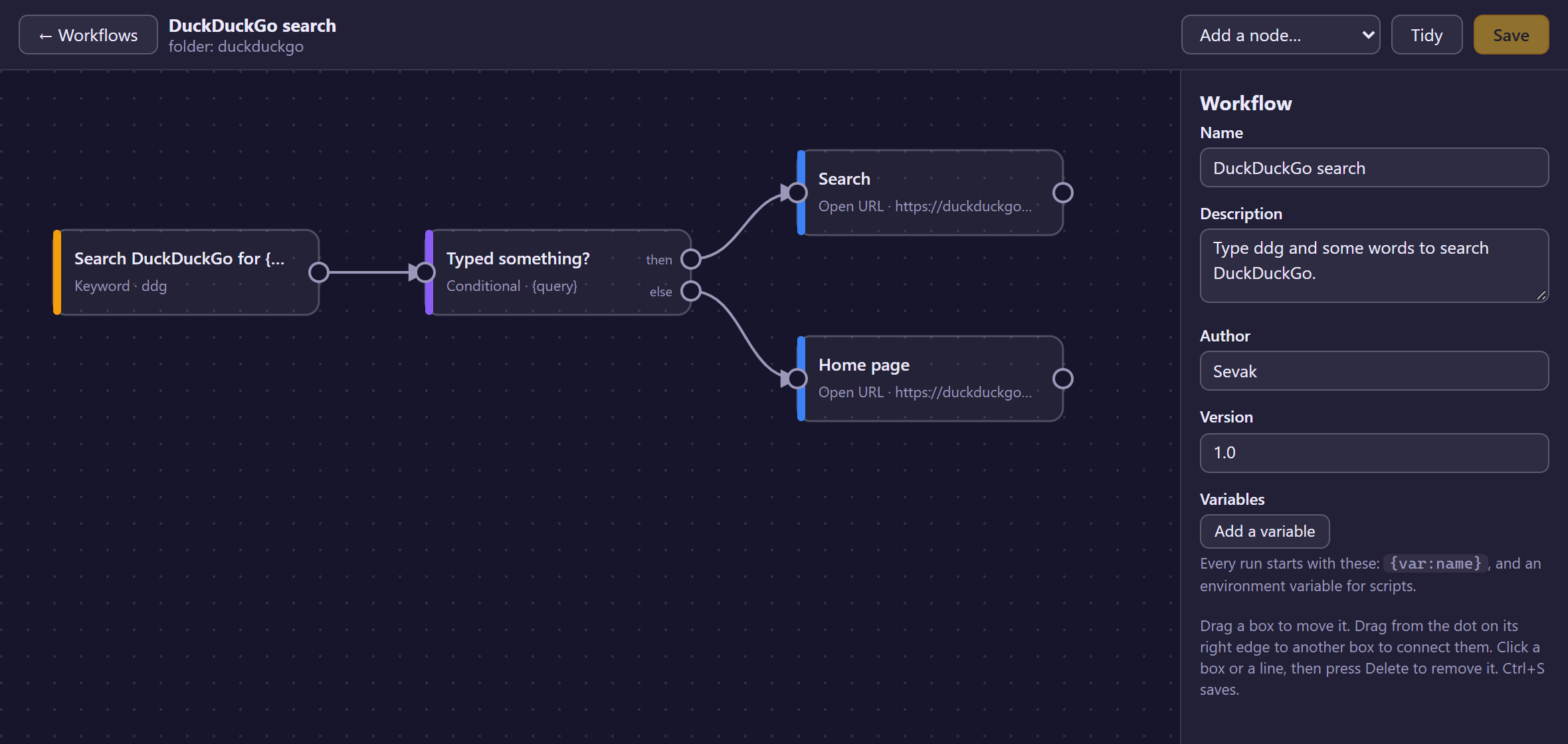 The workflow builder showing a keyword trigger, a conditional and two Open URL actions joined by lines, with the workflow details on the right.
